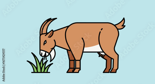 Minimalist Goat Illustration Eating Grass Against Light Blue Background, Ideal for Children's Books, Educational Materials, and Farm-Themed Designs