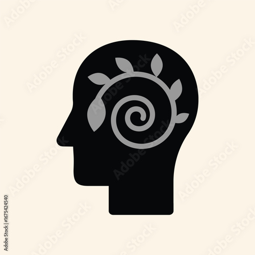 Black head silhouette with a grey spiral plant growth inside, symbolizing mental wellness and creative development