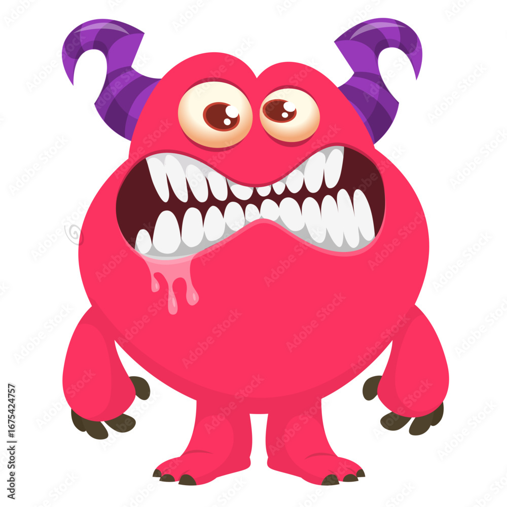 Fototapeta premium Cartoon cute monster with funny face expression waving hands. Halloween vector illustration 