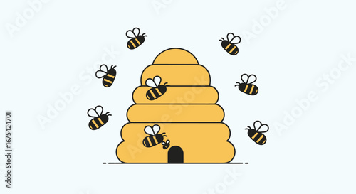 Cartoon Beehive Illustration Surrounded by Bees. Perfect for Children's Books, Educational Materials, or Bee Keeping Guides and Awareness Campaigns.