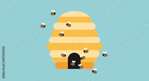 Animated Beehive Illustration with Bees Flying Around, Perfect for Educational Materials or Natural Environment Presentations
