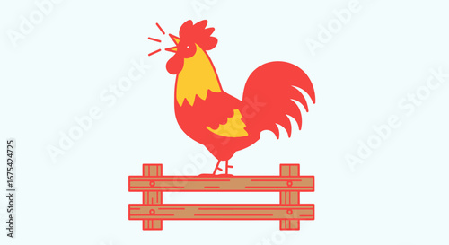 Animated Rooster Crowing on Fence, Farm Animal Illustration for Children's Education and Early Learning Materials.