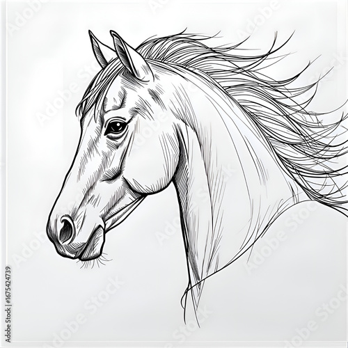 outlined vector illustration of horse head, thin line art, elegant flowing mane, black and white, minimal style