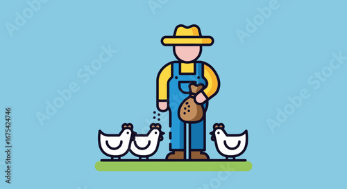 Cartoon Farmer Feeding Chickens, Depicting Agricultural Life and Rural Farming Practices. Illustration for educational materials, children's books, and farm-themed designs.
