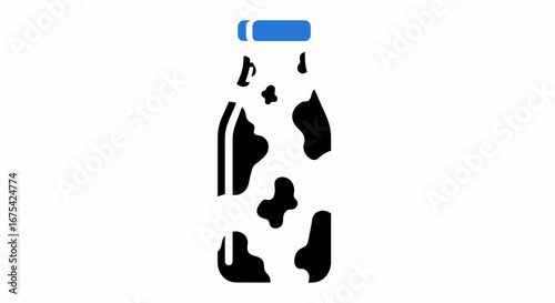 Minimalist Milk Bottle Graphic with Cow Print Design and Blue Cap for Dairy Product Promotion or Farm-Related Projects
