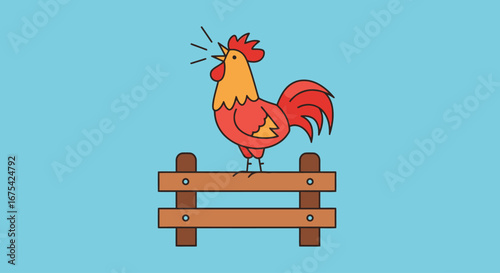 Cartoon Rooster Crowing on a Fence Illustration, Depicting Farm Life and Morning Announcements, Ideal for Children's Books and Educational Resources