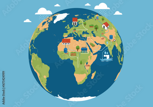 Earth Illustration Showing Water Cycle and Usage.