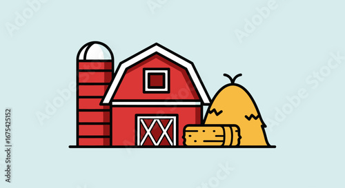 Vibrant Farm Illustration Featuring a Red Barn, Silo, and Haystack on a Light Blue Background, Ideal for Agriculture, Education, and Rural Life Projects