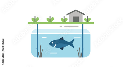 Sustainable Aquaponics System Illustration Showcasing Symbiotic Fish and Plant Growth in a Controlled Environment for Educational and Environmental Purposes