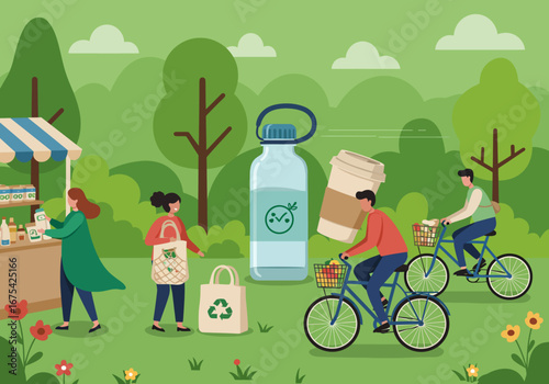 Eco-Friendly Lifestyle in a Green Park with Reusable Items.