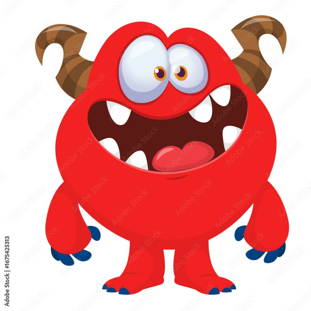 Fototapeta premium Cartoon cute monster with funny face expression waving hands. Halloween vector illustration 