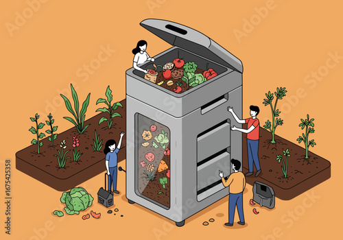 Illustrated Composting System with People and Garden Beds.