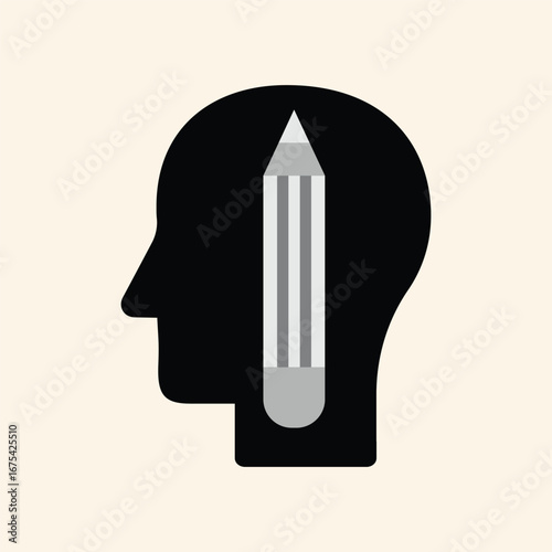Creative thinking visualized as a pencil inside a head silhouette, symbolizing ideas and learning