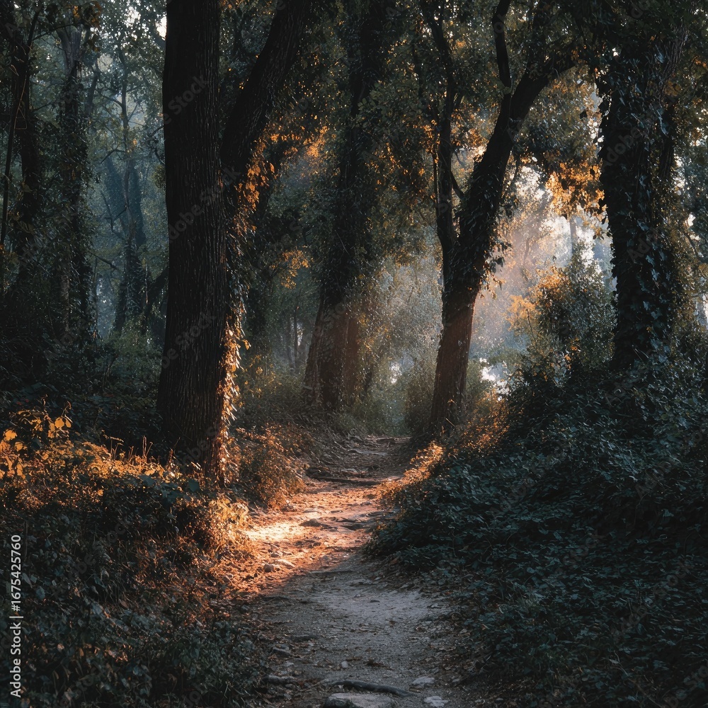 Obraz premium Sunlit path through a dense forest