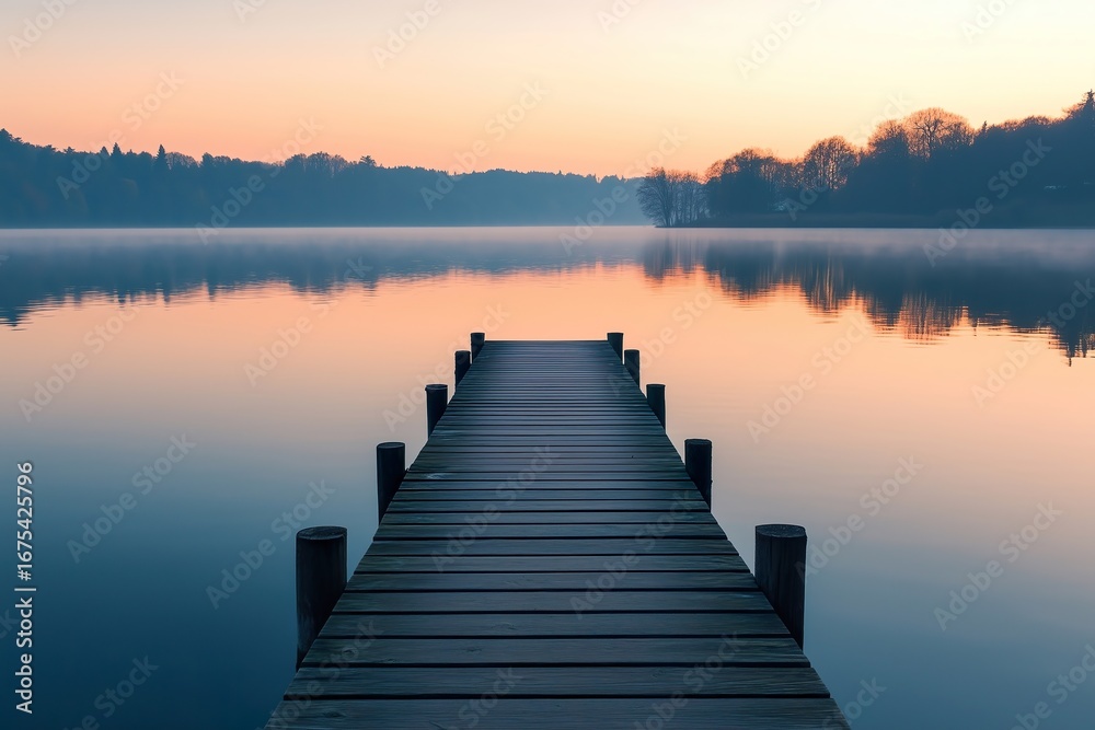 Fototapeta premium Scenic wooden pier leading into calm lake at sunrise with soft morning mist. Peaceful and tranquil landscape symbolizing serenity, mindfulness and harmony with nature.