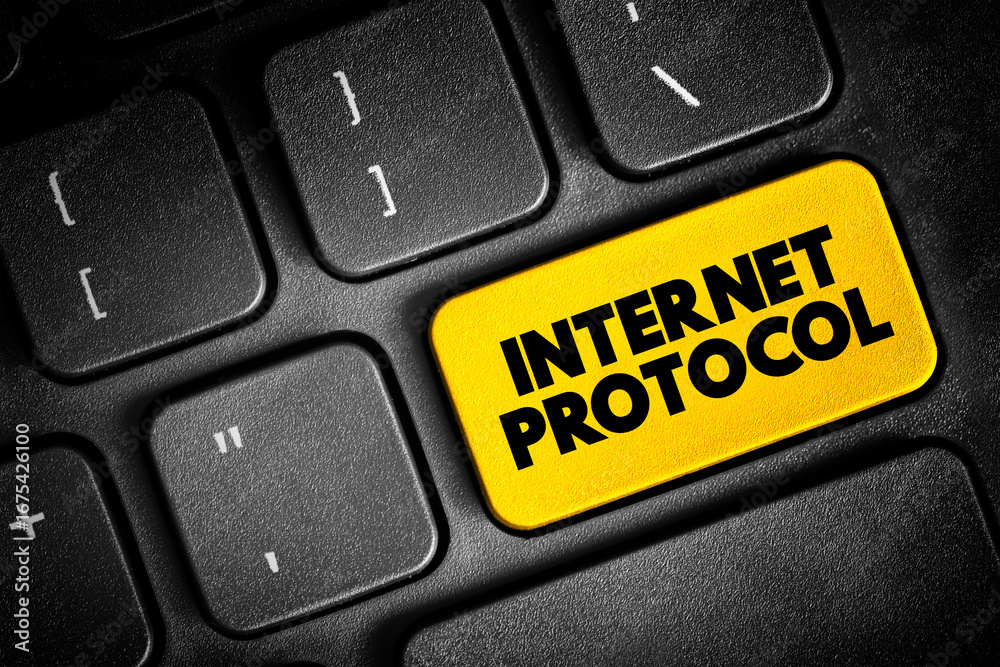 Fototapeta premium Internet Protocol - network layer communications protocol in the Internet protocol suite for relaying datagrams across network boundaries, text concept button on keyboard