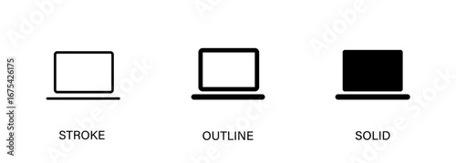 Laptop icon with editable stroke, outline and solid styles. Vector icons for ui, technology and computer design.