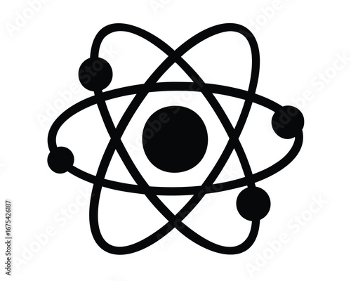 Black and white atom illustration represents the fundamental building block of matter