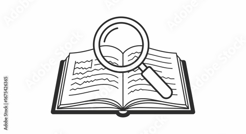 Open Book with Magnifying Glass Illustration for Educational Resources, Research Materials, and Academic Projects. Suitable for digital and print media.