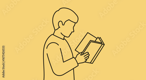 Focused Young Reader Engrossed in a Book, Line Art on Yellow Background for Educational Materials and Literacy Campaigns