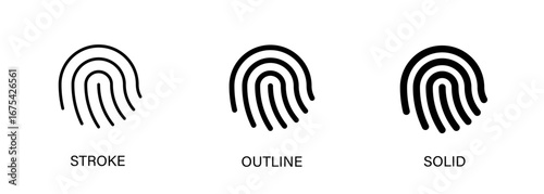 Fingerprint icon with editable stroke, outline and solid styles. Vector icon for ui design, biometrics, security, login and account.
