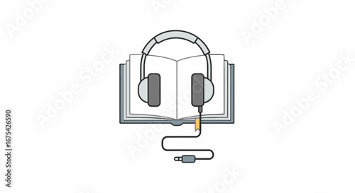 Audiobook Concept Illustration of Headphones Resting on Open Book for Digital Learning and Educational Content Promotion