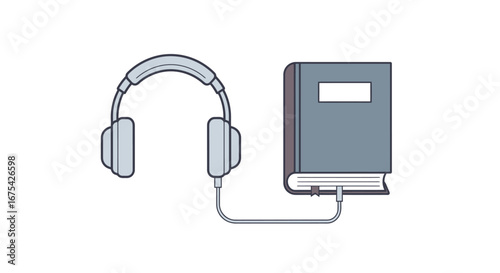 Audiobook Illustration Featuring Headphones and Book Connected by Cable, Ideal for Education, Entertainment, and Digital Audio Content Promotion