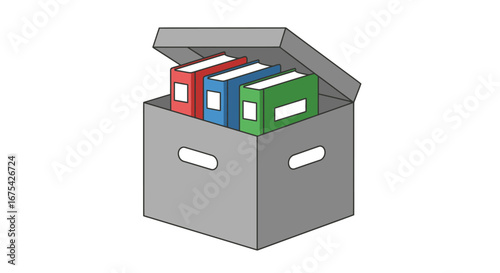 Cartoon illustration of file storage box with colorful books for organizing documents and records in office or home archive, promoting efficient organization.