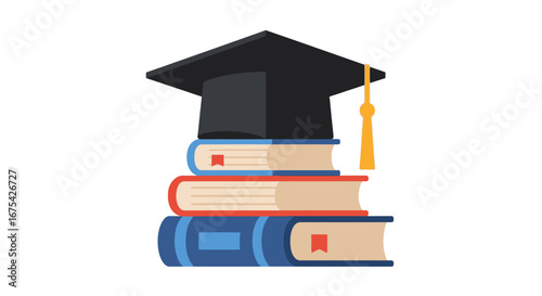 Graduation Cap and Book Stack Illustration Symbolizing Academic Achievement and Educational Pursuits for Academic Promotion or Educational Content
