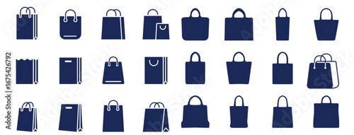 Set of shopping bag icons black color and flat style isolated on white background. Vector illustration