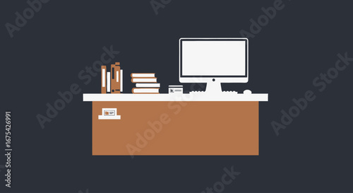 Minimalist office desk illustration featuring a computer, books, and a clean design aesthetic, perfect for showcasing remote work, study spaces, or home office setups.