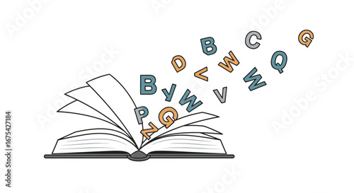 Open book with flying colorful alphabet letters, ideal for educational material, promoting literacy, children's literature, or illustrating creative writing and storytelling concepts.
