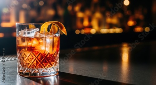 Old fashioned cocktail with ice and orange peel garnish in a crystal glass
