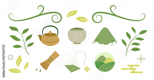 日本茶・抹茶をテーマにした茶器や茶葉のイラストセット（ベクター素材）