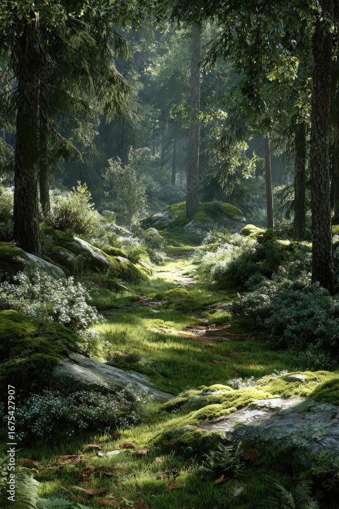 Fototapeta premium Sunlit forest path through mossy rocks and shrubs