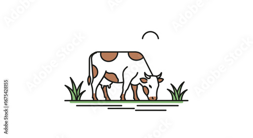 Minimalist Cow Grazing in a Field Illustration for Agricultural Education, Dairy Farming Promotion, and Rural Lifestyle Branding Materials