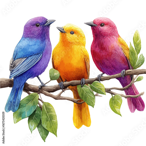 Birds Singing, watercolor clipart vector, isolated on a white background.