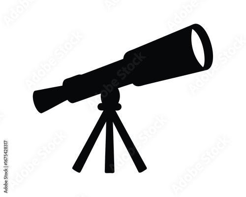 Silhouette of a telescope on a tripod against a plain white background