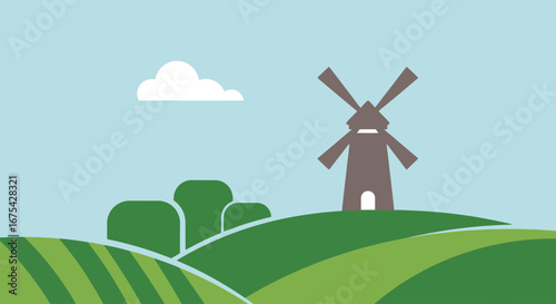 Scenic countryside landscape featuring a traditional windmill on a rolling hill, ideal for showcasing rural tourism, agricultural themes, and sustainable energy sources