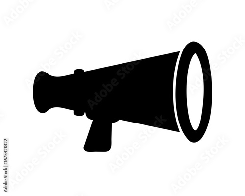 A black and white silhouette graphic of a megaphone on a white background