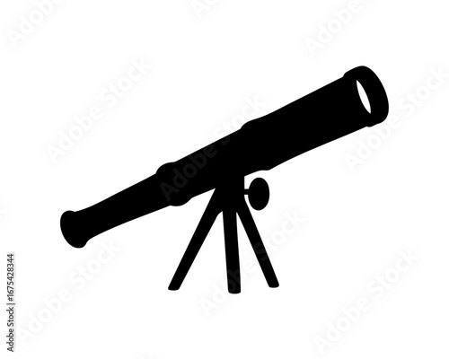 Silhouette of a telescope on a tripod against a white background