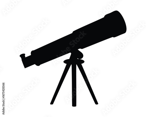 Black silhouette of a telescope standing on a tripod against white backdrop