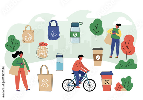 Eco-Friendly Lifestyle Illustration with Reusable Bags Water Bottles and Coffee Cups.