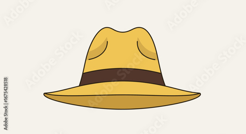 Cartoon Illustration of a Fedora Hat with Brown Band for Fashion, Style, and Character Design Projects that requires Vintage appeal.