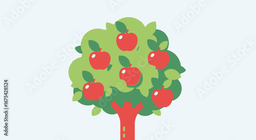 Minimalist Apple Tree Illustration with Ripe Red Fruits and Lush Green Foliage. Suitable for educational materials, children's books, or agricultural themed designs.