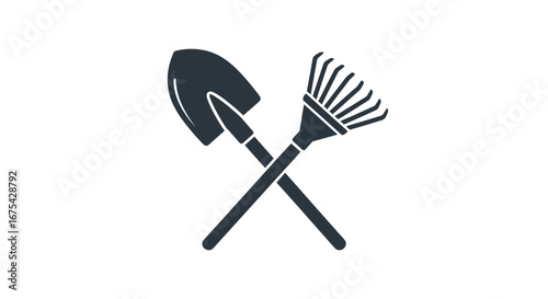 Minimalist Garden Tools Icon Featuring a Shovel and Rake for Gardening, Landscaping Projects and Illustrative Purposes on White Background