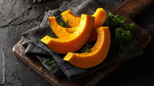 Pumpkin wedges resting on soft charcoal napkin, top-down frame, rustic cutting board underlay