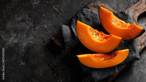 Pumpkin wedges resting on soft charcoal napkin, top-down frame, rustic cutting board underlay