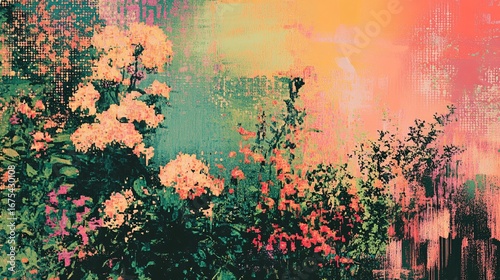 Flowers and foliage with an abstract multicolored background create a dreamy effect.