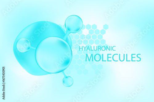 Light blue hyaluronic acid serum molecule icon, collagen water drop. Cosmetology honeycomb cell texture. Liquid glowing watercolor gradient background for beauty treatment, moisturizing skin care